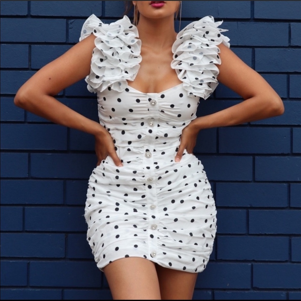 Polka-Dot Ruffled Ruched Silk-like Mini Dress